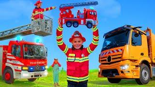 The Kids Play with a Real Fire Truck, Tractor & Garbage Trucks