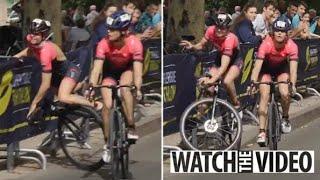 Shocking moment triathlete shunts OWN TEAM-MATE off her bike and into barriers… and fans aren’t...