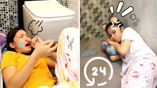 24 HOURS IN THE BATHROOM PART 2 WHILE EATING GUMMY AND REAL FOOD CHALLENGE FOR A DAY | Aurea & Alexa