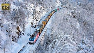 Railway line Belgrade - Bar -- Winter and snowfall time at mountain pass Zlatibor -- Rail traffic 4K