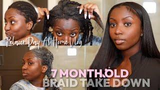 7 MONTH OLD BRAID TAKE DOWN | HAIR MAINTENANCE VLOG | AT HOME Relaxer, Silk Press, Trim & Clip Ins