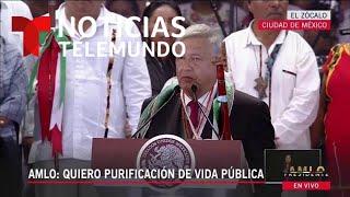 "Primero los pobres" AMLO reafirma el lema de su campaña en el zócalo | Noticias Telemundo