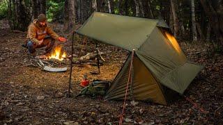 Bushcraft Tarp Tent Camping In Forest With Campfire Cooking
