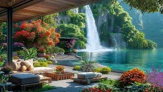 Morning Lakeside AmbienceFlower Garden, Waterfall Sounds & Birds for a Comfortable & Relaxing Mood