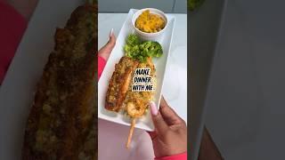 Make dinner with me! Salmon w/ a lemon butter crème sauce, cajun shrimp, rice, broccoli & baked mac