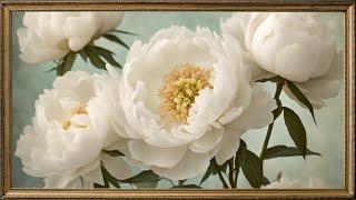 Gold Framed Vintage Style White Peonies TV Art Screensaver. 4K Frame TV Hack. 3 Hours No Sound.