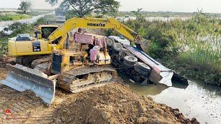 Incredible Dump Truck Fails Job In Water Technique Skill Recovery By Komatsu Excavator And Bulldozer