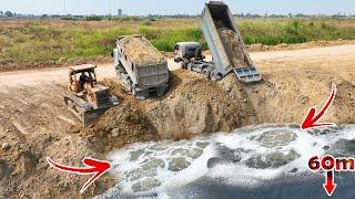 Wow!!Excellent Work! Expert Operator Heavy Komatsu D53P Bulldozers Pushing Dirt In Deep Water