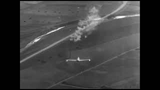 Lockheed F-80 Shooting Stars attacking ground targets in Korea with gunfire and napalm in 1951