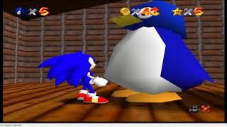 Sonic racing the big penguin in Super Mario 64