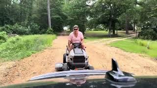 When there isn’t any room in the Audi for Mad Momma and you have to pull her on the lawnmower