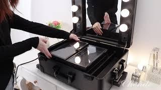 Chende Black Pro Studio Artist Train Rolling Makeup Case with Light Wheeled Organizer