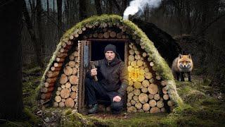 Building a Survival Shelter Under a Fallen Tree | Bushcraft Winter Survival | Clay Stove