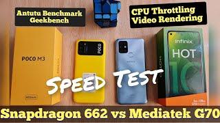 Snapdragon 662 vs Mediatek Helio G70 Poco M3 vs Infinix Hot 10 Speed Test with CPU Throttling