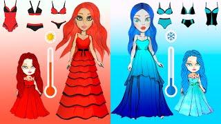 Paper Dolls Dress Up Rapunzel and Sadako Red and Blue Hot vs Cold Dresses Handmade