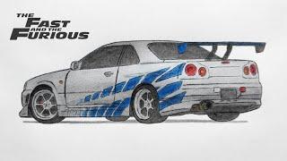 How to draw a NISSAN SKYLINE GT-R R34 from Fast and Furious 2 / drawing Paul Walker's nissan gtr