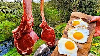 How to Cook TOMAHAWK STEAK Over Coals *Caveman Style* | ASMR Outdoor Cooking