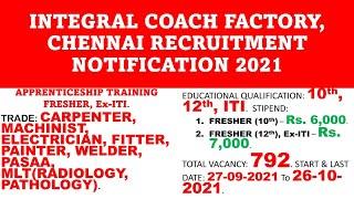 ICF, chennai recruitment notification 2021|Apprenticeship training