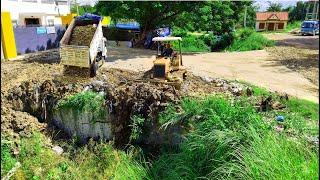 New Project!Incredible Small Dozer Clearing Trash Fall Canal,Dump Truck Pouring Stones Fill Recoery