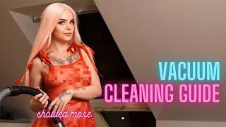 [4K HOUSEWIFE]  Vacuum Cleaning | Transparent Red Dress Try-On with Bella