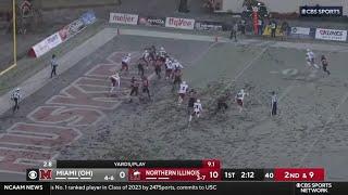 Northern Illinois player kicks the ball out of bounds leading to a safety