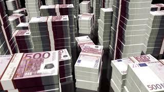 Billions of Euros - Wealth Visualization - 3D Fly Over Billions Euros in Stacks of 500 Euros Bills.