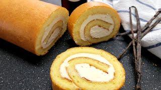 Easy Vanilla Swiss Roll Cake Recipe filled with Buttercream-Cream cheese Frosting