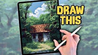 PROCREATE Landscape DRAWING Tutorial in EASY Steps - Secret Forest Hut