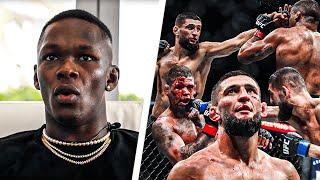 Israel Adesanya Reacts to CRAZY Khamzat Chimaev vs Gilbert Burns Fight | UFC 279