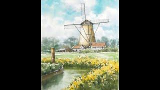 Landscape Watercolor - Landscape with Windmill (wet-in-wet, Arches rough) NAMIL ART#shorts