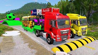 Double Flatbed Trailer Truck vs Speedbumps Train vs Cars Beamng.Drive 97