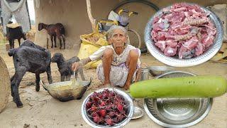 MUTTON CURRY with Gourd & amru cooking & eating with rice for lunch by tribal grandma||rural village