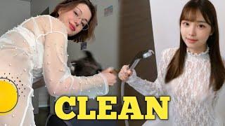 Clean Bathroom transparent Bikini Try-On Haul | home cleaning | Dry Vs wet House Clean try on haul
