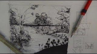 Pen & Ink Drawing Tutorials | How to draw a river landscape scene