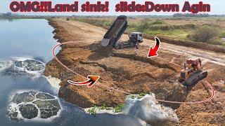 Amazing!This, Land Sink! Slide Down Again Repaire Back with Trucks & Komatsu D53 Dozers Pushing Soil