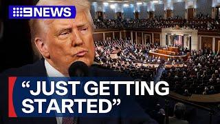 Trump heckled during a record-breaking long speech to Congress | 9 News Australia