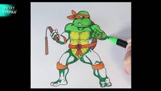 Как нарисовать Черепашку Ниндзя Микеланджело, How to draw Ninja Turtles Michelangelo