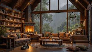 Cozy Rainy Jazz Ambience ️ Soft Jazz Instrumental Music at Warm Forest Cabin to Study, Work, Relax