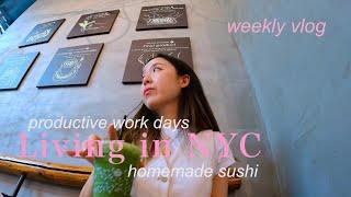 NYC productive work vlog9-5 routine of a digital marketing manager, homemade sushi dinner party