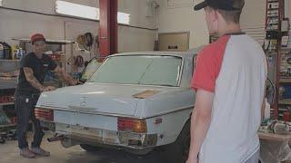 Checking out Aidyn's progress on his 1975 Mercedes Benz 280 -- MAJOR rust repair!!!