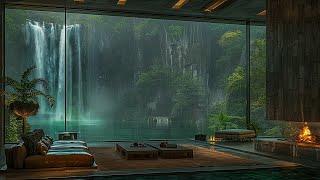 Modern Apartment In Forest With Waterfall : Sleep instantly within 10 minute with Rain & Fire sounds