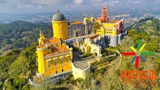 Palacio da Pena  aerial view at dusk between the fog - 1440P