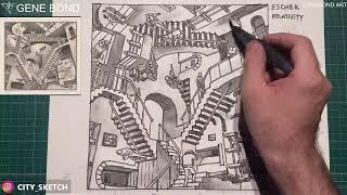 How to draw Escher stairs "Relativity" with perspective grids