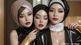 Three women, two of them kissing, wearing satin fashion collection "Hijabi Art"