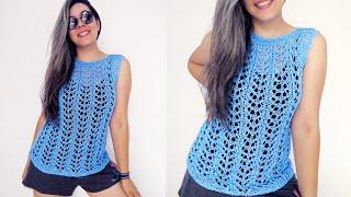 BLUSA DE TRICÔ FÁCIL PARA O VERÃO  Blusa Azul com Linha Anne  Aula de Tricô Para Iniciantes #237