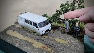 DIORAMA with a UAZ. "UAZ vehicle stuck in the mud" in 1/43 scale. Diorama with car model.