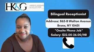 Bronx NY Job | Bilingual Receptionist for an Injury Law Firm | Full Time & Onsite | Apply!