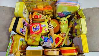 yellow stationery collection from the box, pencil box collection, pencil sharpener, funny pen, toy