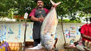 KASIMEDU  SPEED SELVAM | 32 KG GIANT TREVALLY FISH CUTTING | IN KASIMEDU | HD VIDEO | FF CUTTING