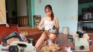 Genius girl.Repair restores wood planing machines, old rusty In the scrap yard.